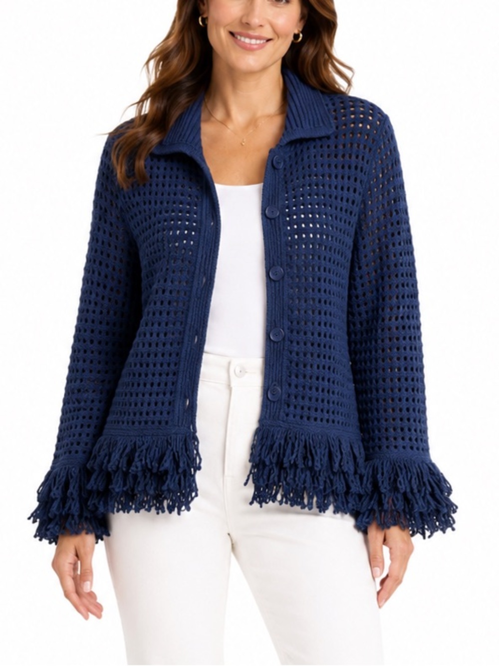 NEW Adrianna Papell Blue Moon Open Knit Fringe Cardigan Sweater Medium